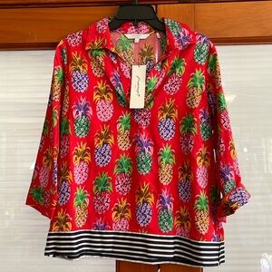 NWT red pineapple, print blouse size small brand, Foxcroft NYC